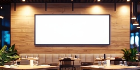 Blank White Screen in Modern Restaurant,a restaurant with big screen banners,Mock up screen display Restaurant Cafe Menu Food Business, for restaurant marketing, food service industry, digital menu ad