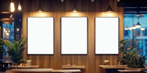Blank Frames Mockup Interior Design Cafe Restaurant,a restaurant with big screen banners,Mock up screen display Restaurant Cafe Menu Food Business, for restaurant marketing, food service industry, dig