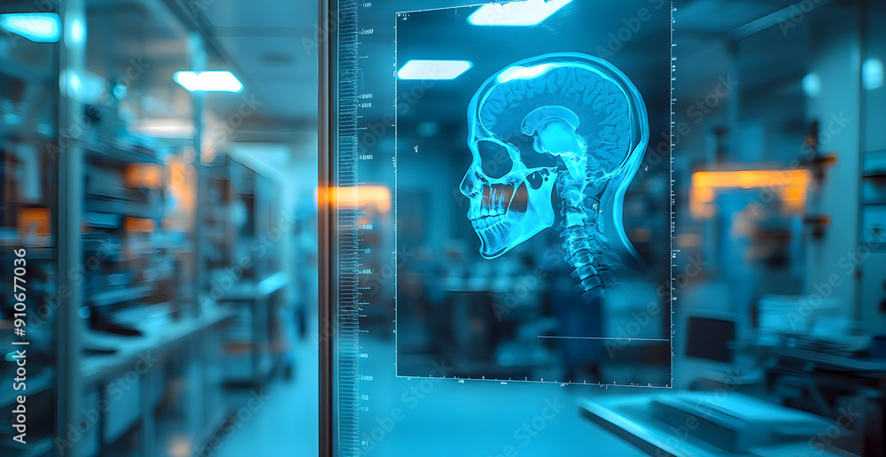Poster a computer monitor shows a skull with a brain inside