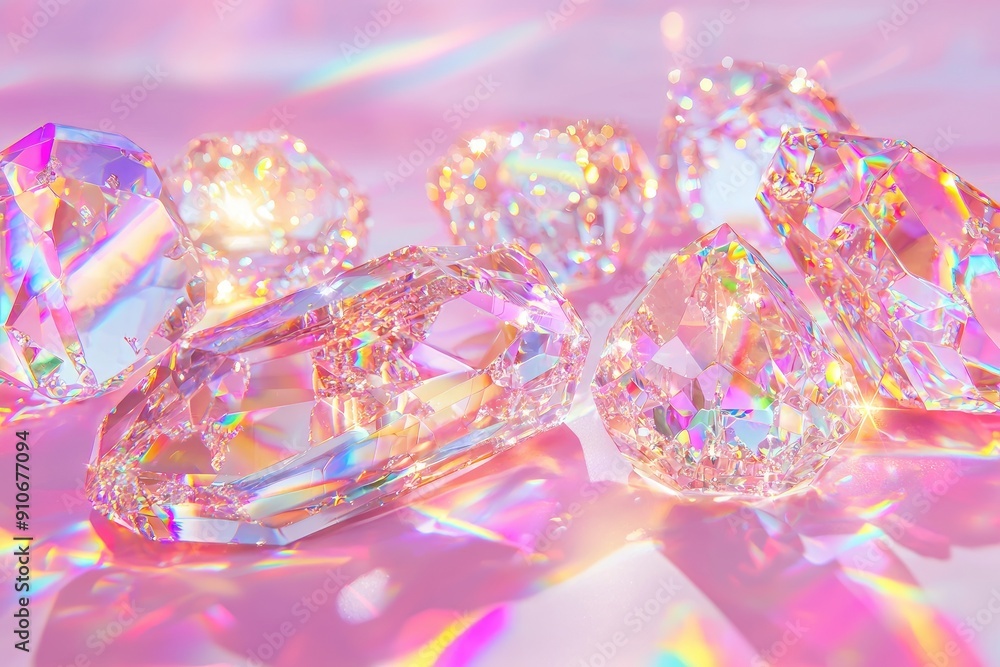 Poster a collection of sparkling crystals reflecting colorful light on a soft pink background, creating an 