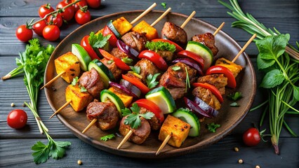 Beautifully arranged dish of seitan skewers with veggies and herbs, seitan, skewers, bell peppers, zucchini, red onion