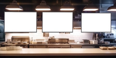 Blank Menu Boards in a Modern Restaurant Kitchen,a restaurant with big screen banners,Mock up screen display Restaurant Cafe Menu Food Business, for restaurant marketing, food service industry, digita