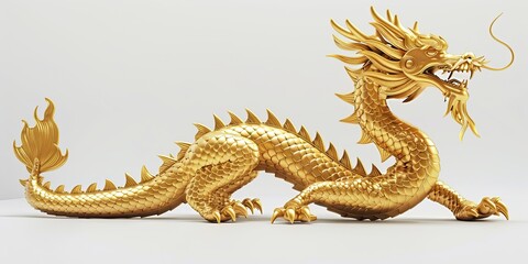 Fototapeta premium Golden dragon figurine on white background.