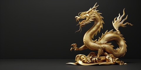 A golden dragon statue on a dark background.