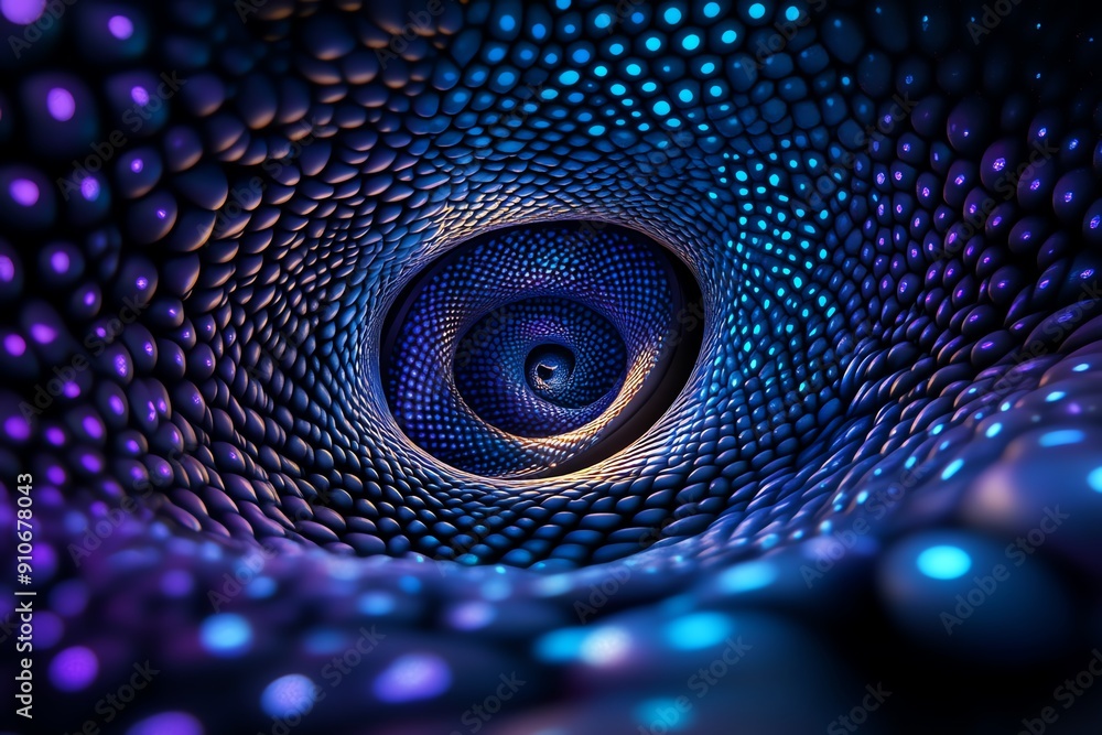 Poster abstract digital vortex with vibrant blue and purple lights creating a hypnotic tunnel effect, perfe