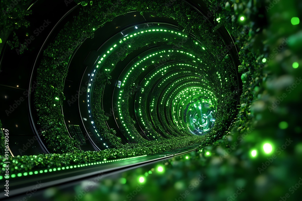 Poster abstract image of a futuristic tunnel with vibrant green lights and intricate patterns, conveying a 