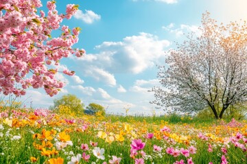 Fototapeta premium Stunning high-quality wallpaper showcasing a vibrant spring landscape with fields of blooming flowers and cherry blossoms in full bloom.