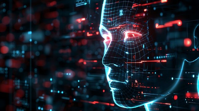 Futuristic depiction of an AI face with a digital grid and glowing red eyes, representing technology and the digital age.