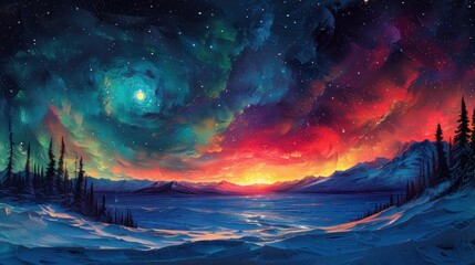 Obraz premium A Dreamy Night Sky Above a Snowy Landscape