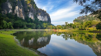 Fototapeta premium Mirror lake in Ipoh Perak Malaysia The lake surrounded by limestone mountains with almost vertical slope and covered by greeneries : Generative AI