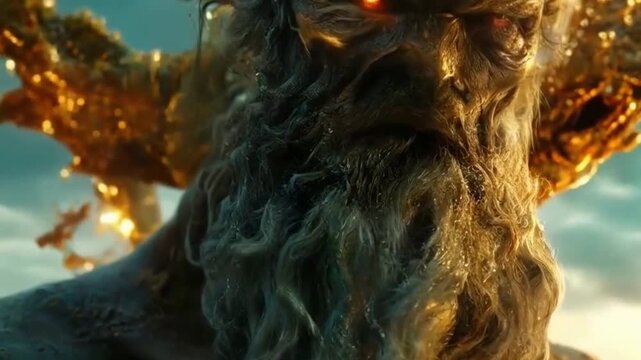 Wrath of the Titans: A close-up portrait of Kronos, the mythical titan, his face a terrifying blend of power and rage, his eyes burning with malevolent energy. The image evokes a sense of impending do