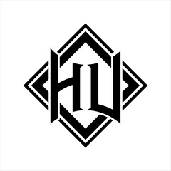 HU Letter logo with abstract shield shape with square black outline on white background design