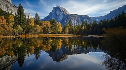 Half Dome reflecting in a Mirror Lake Yosemite National Park California USA : Generative AI