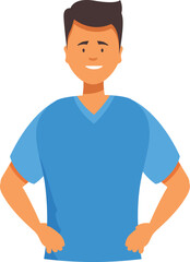 Friendly male nurse is smiling and standing with his hands on his hips