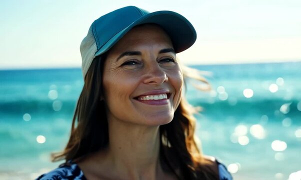 Close-up portrait video of a pleased woman in her 40s that is wearing a cool cap or hat against a water or ocean background