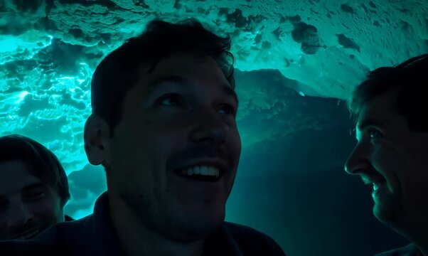 Close-up portrait video of a pleased man in his 40s that is smiling with friends at the Waitomo Glowworm Caves in Waikato New Zealand
