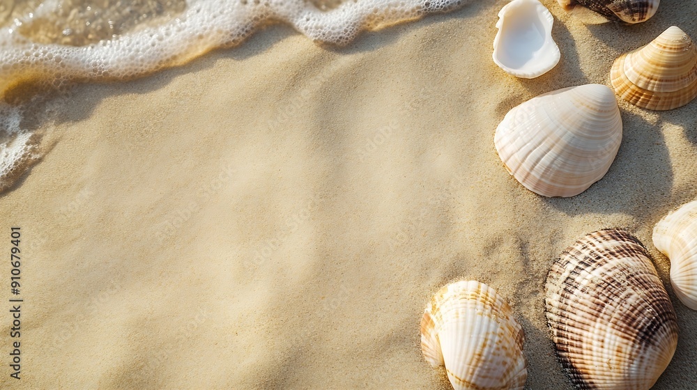 Poster bullet point slide show presentation background beach scene with shells : Generative AI