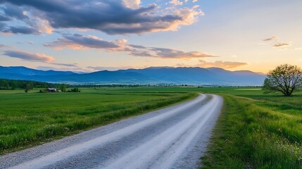 Fototapeta premium Country gravel road and green farmland with mountain nature landscape at sunset : Generative AI