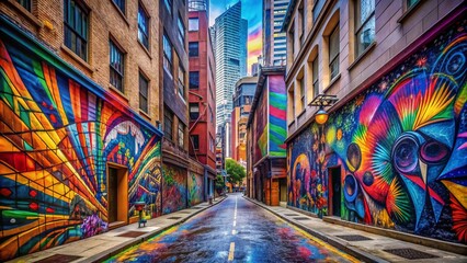Fototapeta premium Vibrant urban landscape featuring a narrow alleyway flanked by towering buildings, transformed into a kaleidoscope of colors by dynamic, eclectic, and abstract graffiti masterpieces.