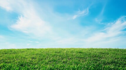 Obraz premium Landscape view of green grass field with blue skybackground : Generative AI