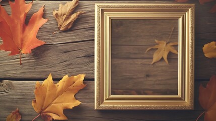 Gold photo frame on wooden background with autumn leaves mock up : Generative AI