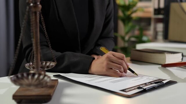 Lawyer, legal advisor Young businessman pointing at pen and reading agreement details Business contract for validity before signing financial contract inside office.