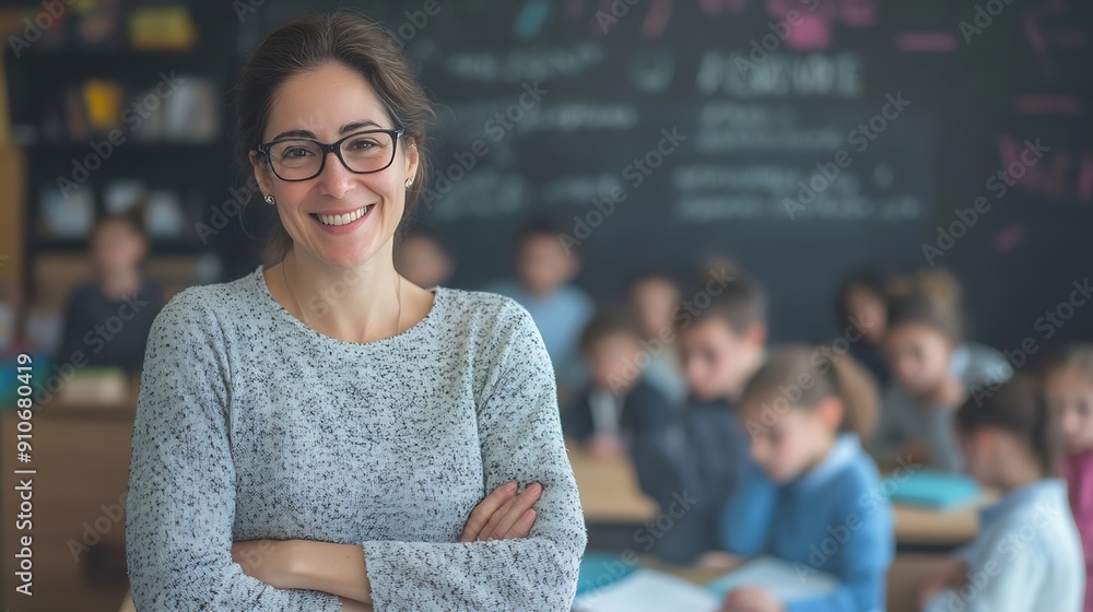 Poster portrait of cheerful european female teacher standing in classroom during lesson with pupils studyin