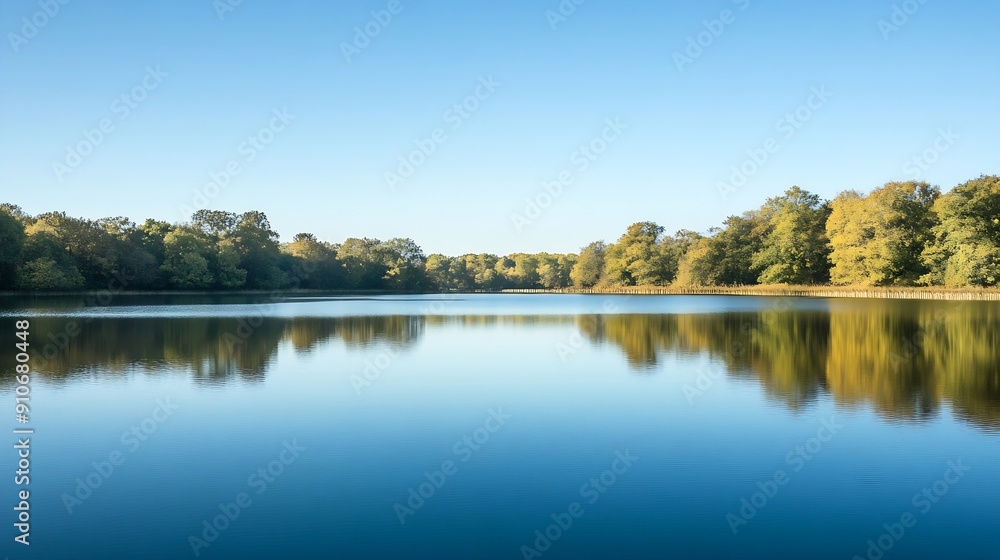 Poster a calm lake with trees in the background the sky is clear and blue the water is still and reflects t