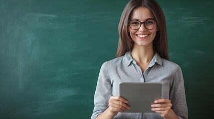 Young smiling smart IT teacher woman wear grey casual shirt glasses use digital tablet pc computer isolated on green wall chalk blackboard background studio Education in high school co : Generative AI