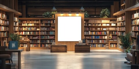 Modern Library Interior with Large White Wall Space,White blank billboard on bookstore, for advertising, mockup presentations, announcements, promotions, and digital marketing.blank sign poster in boo