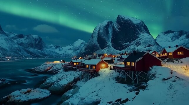 Aurora borealis over Hamnoy in Norway : Generative AI