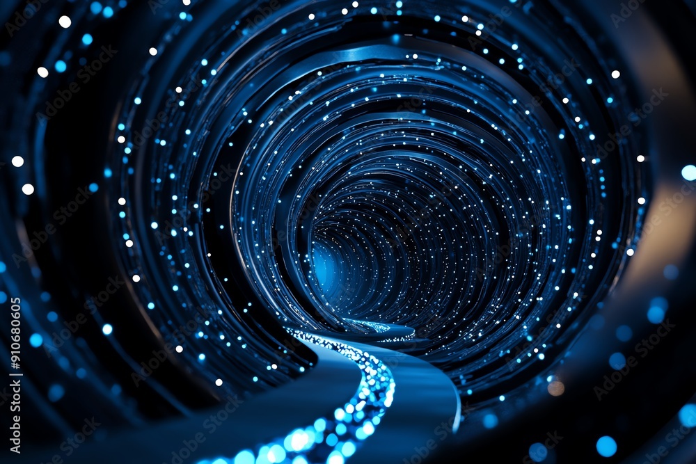 Poster Futuristic blue tunnel with glowing lights, creating a sci-fi and imaginative ambiance suitable for tech and innovation themes.
