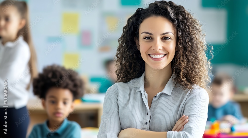 Poster portrait of a beautiful happy young teacher standing in classroom with crossed arms looking at camer