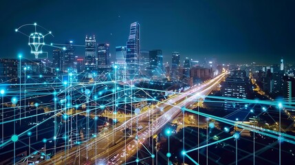 smart city at night with illuminated buildings connected by digital networks for futuristic urban innovation technology infrastructure concept.