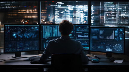 Professional Data Scientist Working on Multiple Screens with Complex Algorithms

