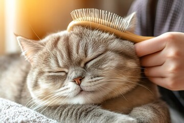 Cat being brushed by a groomer