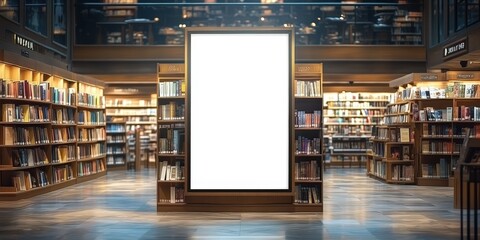 Blank Ad in Library,White blank billboard on bookstore, for advertising, mockup presentations, announcements, promotions, and digital marketing.blank sign poster in bookstore shop banner