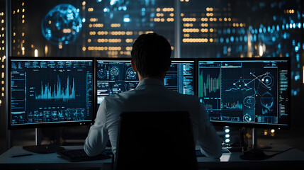 Professional Data Scientist Working on Multiple Screens with Complex Algorithms

