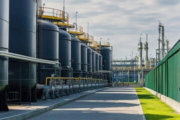 Obraz premium A row of storage tanks at a gas refinery