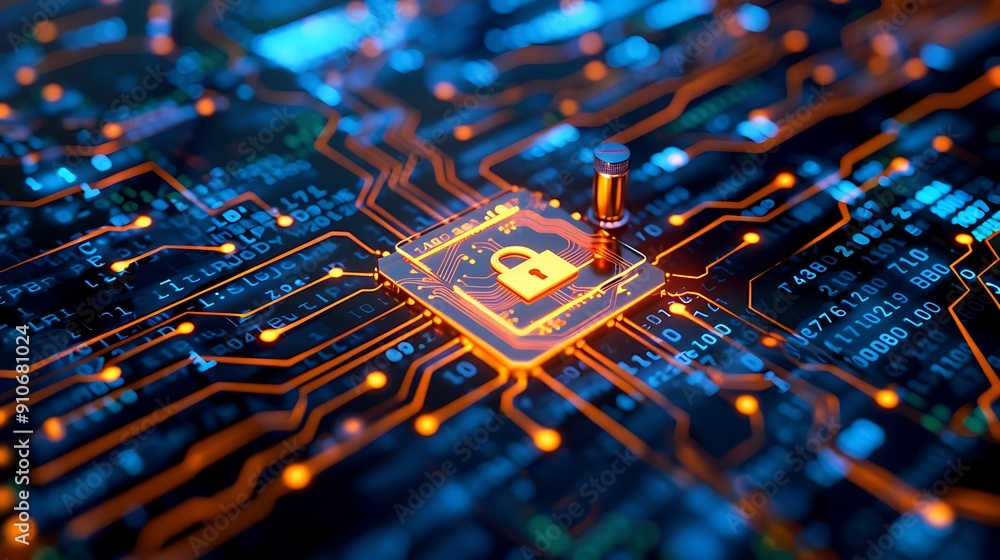 Poster cyber security concept with padlock symbol on a circuit board