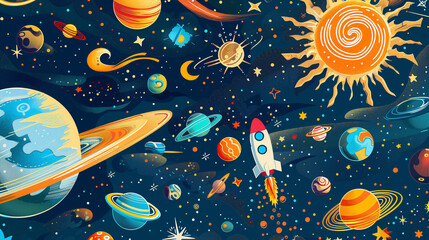 Naklejka premium Vibrant Illustration of Planets, Stars, and Space Exploration