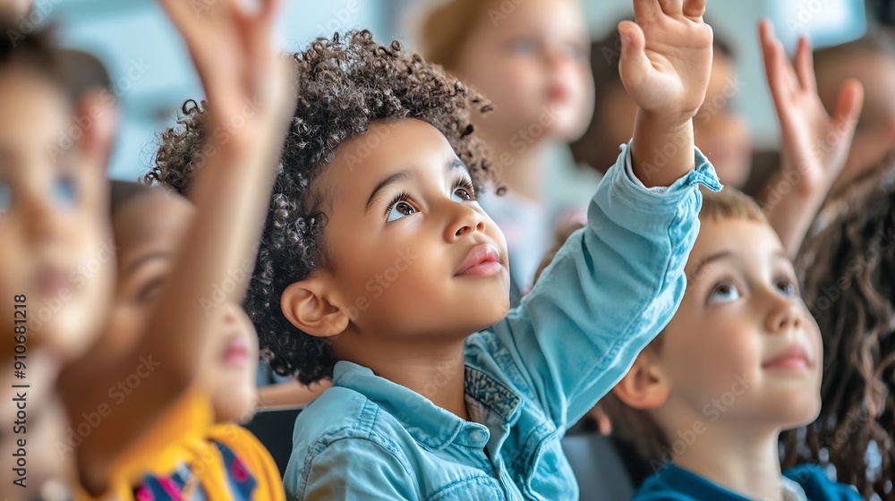 Poster elementary classroom with diverse children listening to the teacher asking a question everyone raisi