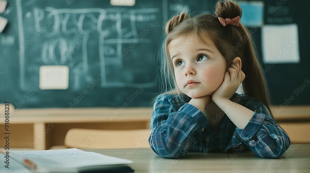 Poster a young girl attentively sits at a desk in front of a blackboard listening to her teachers instructi