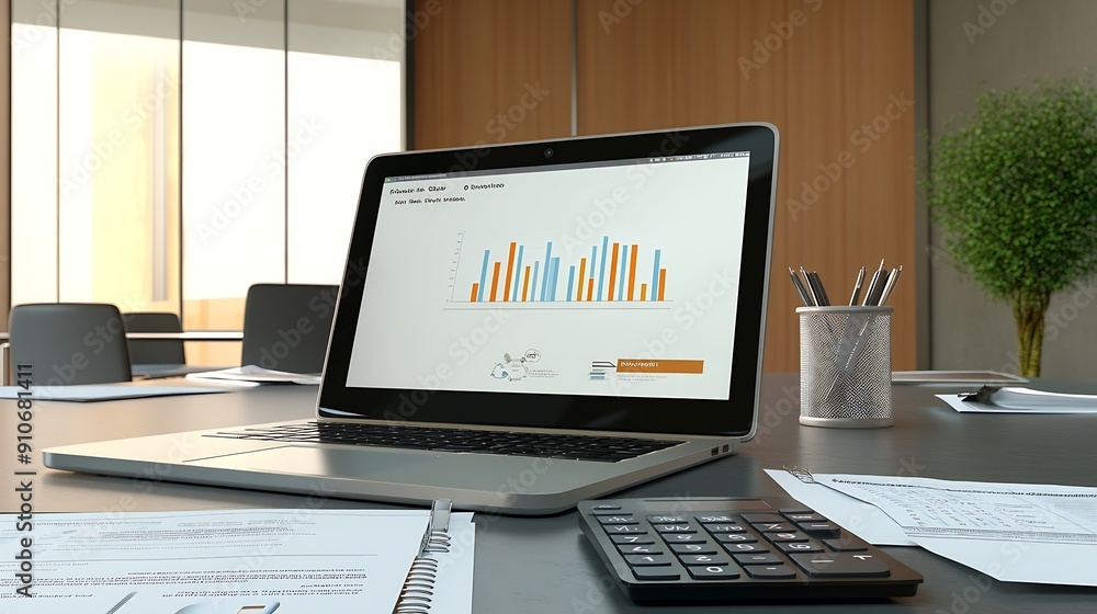 Aufkleber Mock up sales summary slide show presentation on display laptop with calculator and paperwork on table in meeting room : Generative AI