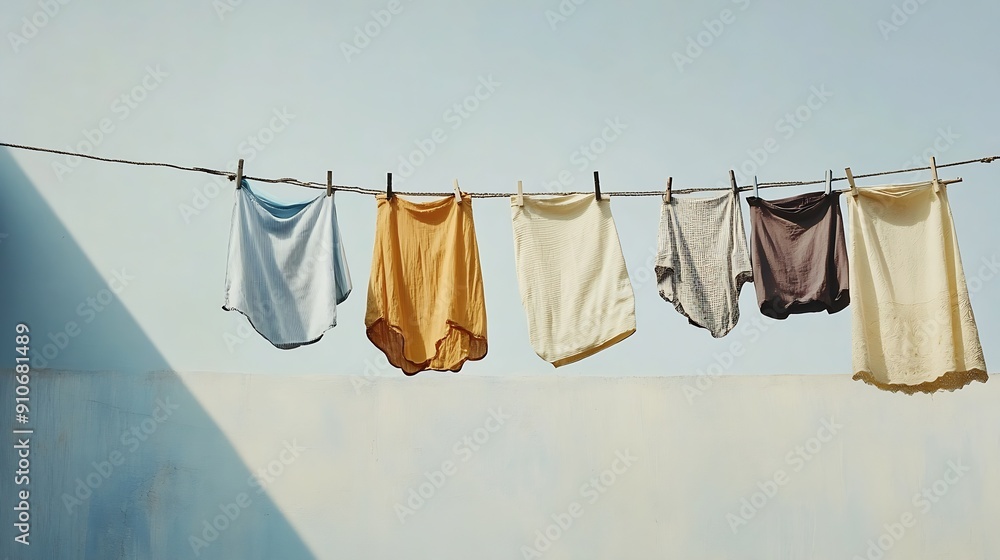 Wall mural Different clothes drying on laundry line against light background : Generative AI