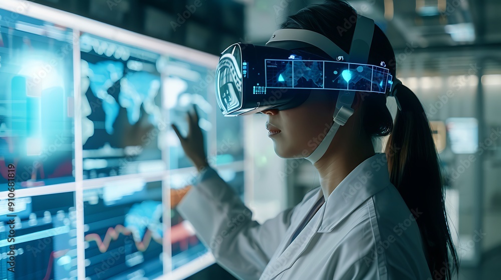 Poster woman in lab coat using vr headset to interact with data on a large screen