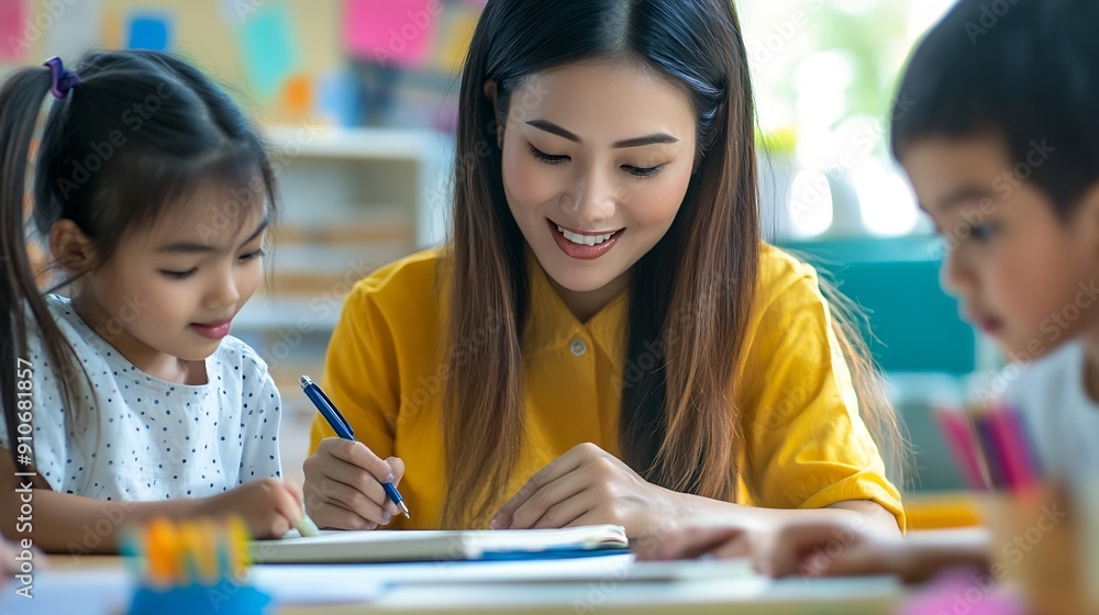 Aufkleber Happy teacher woman and help kid writing in notebook for education studying or knowledge in class Child educator and student learning in lesson for development or support at kindergart : Generative AI
