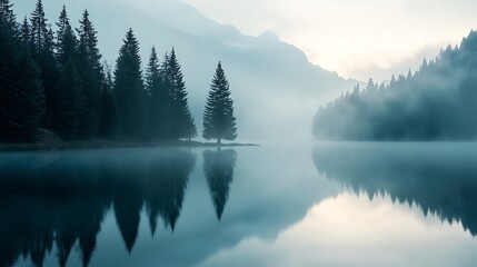 Tranquil meditative misty scenery of glacial lake with pointy fir tops reflection at early morning Graphic EQ of spruce silhouettes on calm alpine lake horizon in mystery fog Ghostly m : Generative AI