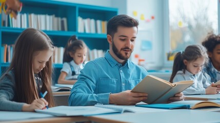 Obraz premium Teacher is teaching student about lesson from the books in the classroom the children are happy Some ask teacher a boy in blue shirt is reading a book on his own and a girl is drawing : Generative AI