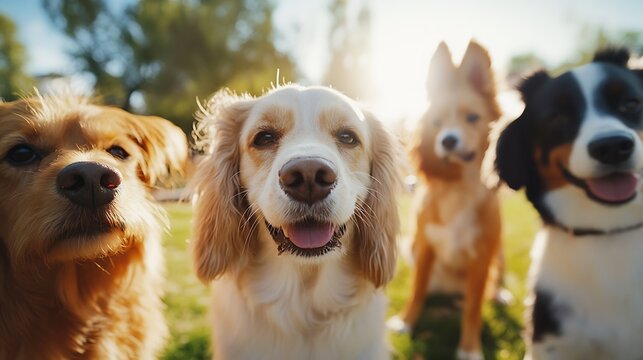 Close up shot of a group of dogs at the walk posing for a photo on a beautiful day Pets walkers service : Generative AI